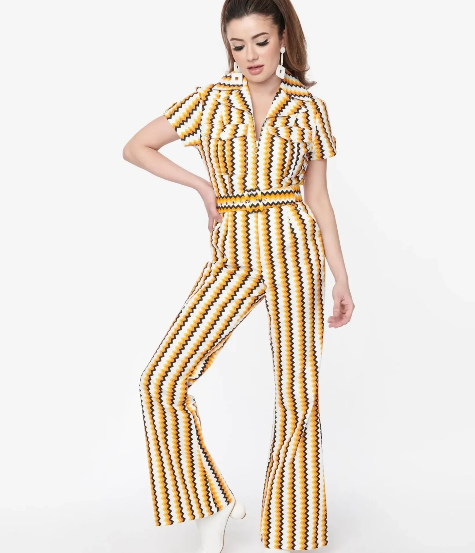 Unique Vintage Pocket Dresses|Rompers & Jumpsuits>Smak Parlour 1970s Candy Corn Zig Zag Stripe Flare Jumpsuit
