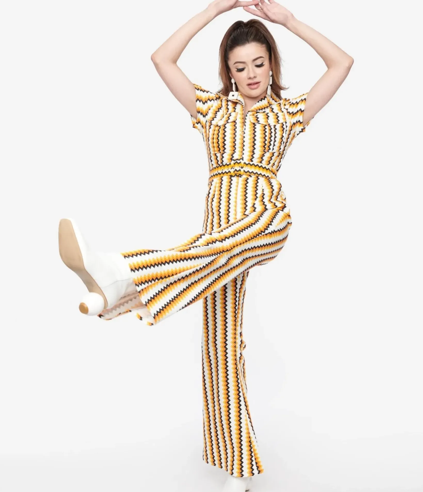 Unique Vintage Pocket Dresses|Rompers & Jumpsuits>Smak Parlour 1970s Candy Corn Zig Zag Stripe Flare Jumpsuit