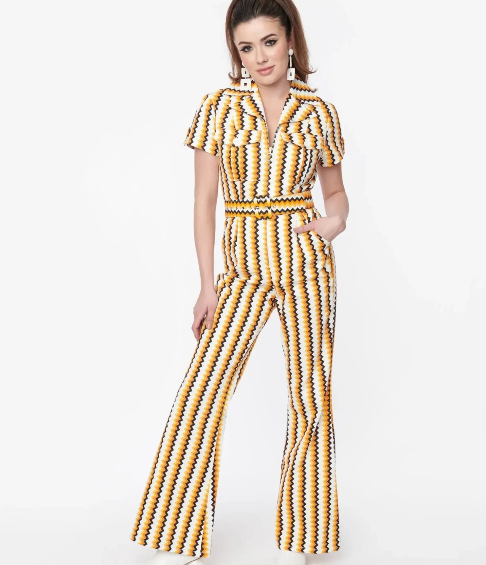 Unique Vintage Pocket Dresses|Rompers & Jumpsuits>Smak Parlour 1970s Candy Corn Zig Zag Stripe Flare Jumpsuit