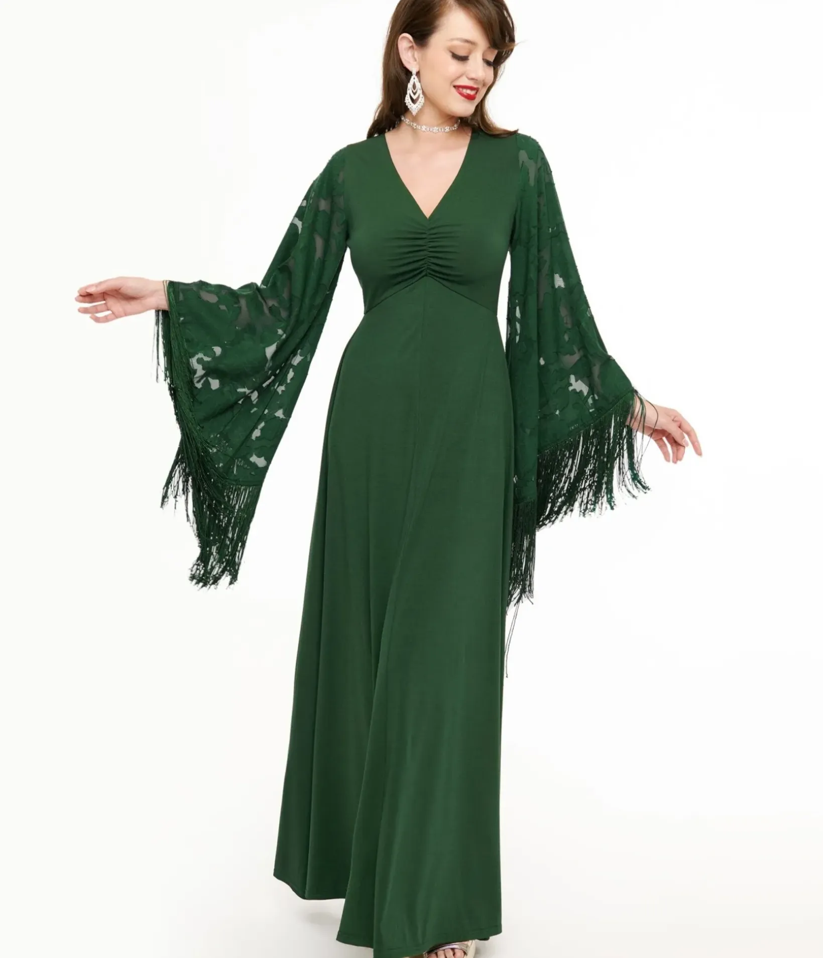 Unique Vintage Maxi|Everyday Dresses>Smak Parlour 1970s Green Fringe Sleeve Maxi Dress