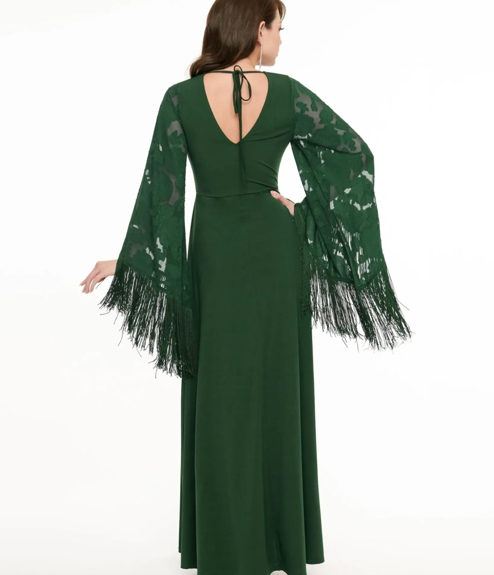 Unique Vintage Maxi|Everyday Dresses>Smak Parlour 1970s Green Fringe Sleeve Maxi Dress
