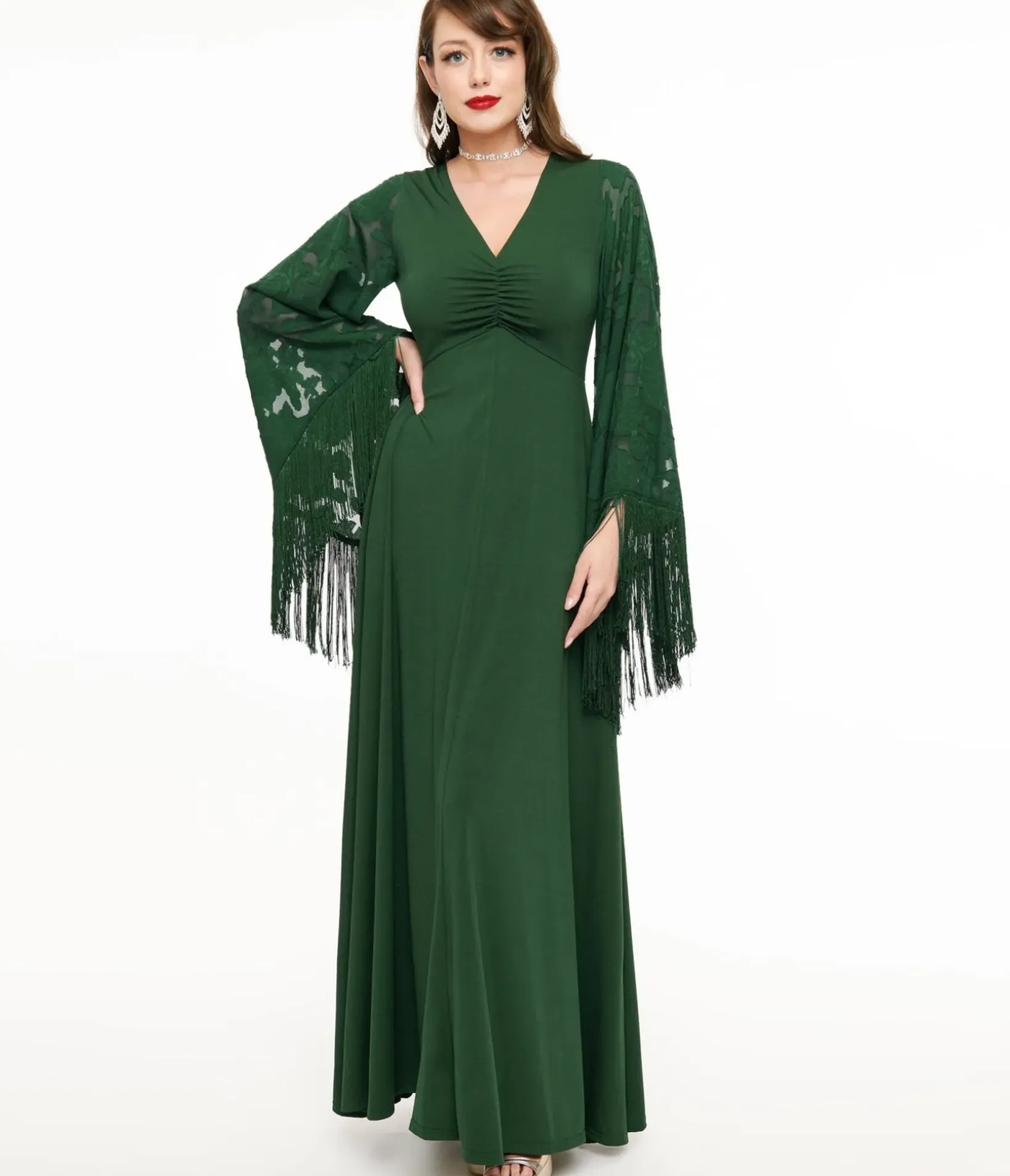 Unique Vintage Maxi|Everyday Dresses>Smak Parlour 1970s Green Fringe Sleeve Maxi Dress