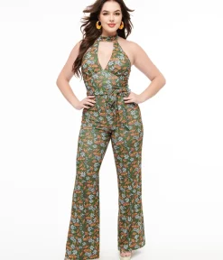 Unique Vintage Rompers & Jumpsuits>Smak Parlour 1960s Green & Orange Mushroom Glamour Goddess Jumpsuit