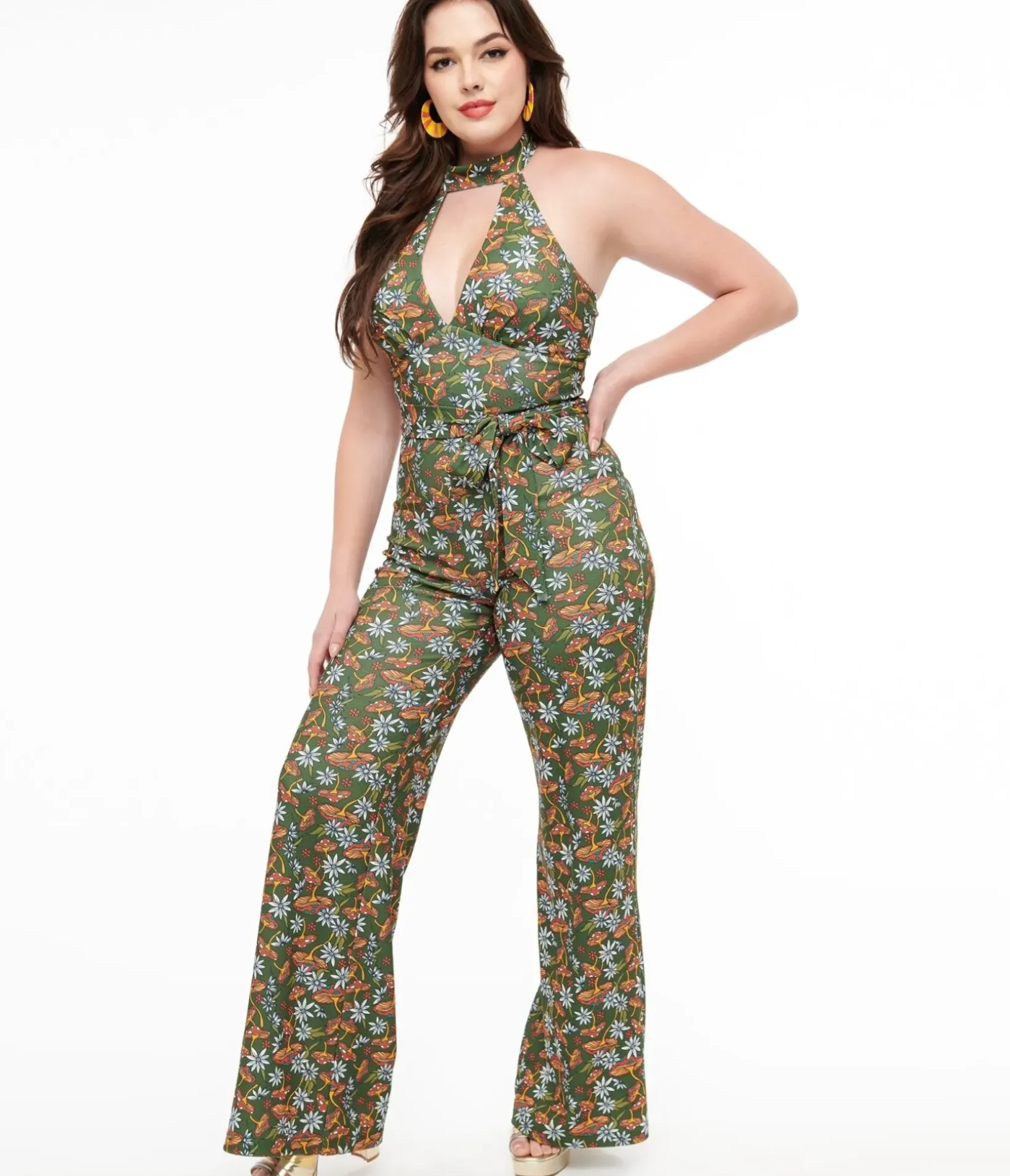 Unique Vintage Rompers & Jumpsuits>Smak Parlour 1960s Green & Orange Mushroom Glamour Goddess Jumpsuit
