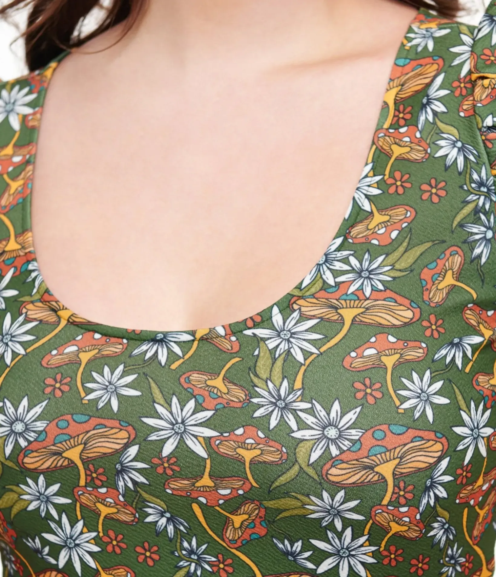 Unique Vintage Fit & Flare|Pocket Dresses>Smak Parlour 1960s Green & Orange Mushroom Group Chat Flare Dress