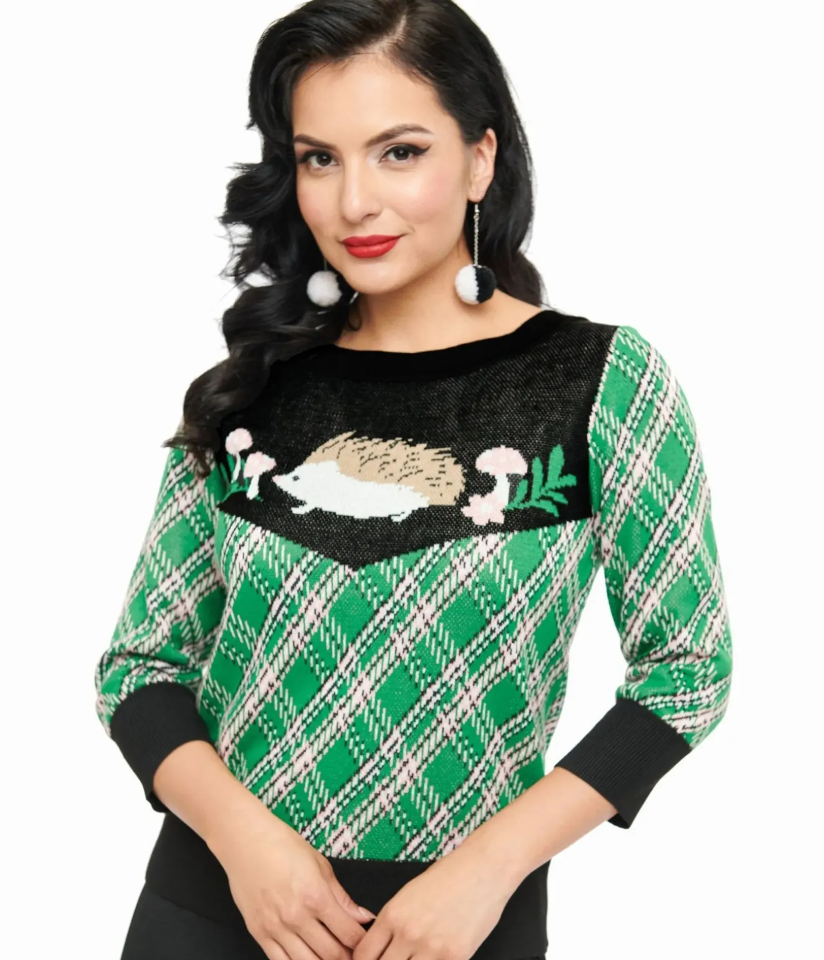 Unique Vintage Sweaters & Cardigans>Smak Parlour 1960s Green Plaid & Hedgehog Sweater