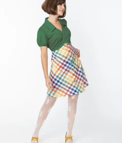Unique Vintage Fit & Flare|Pocket Dresses>Smak Parlour 1970s Green & Rainbow Gingham Mini Shirt Dress