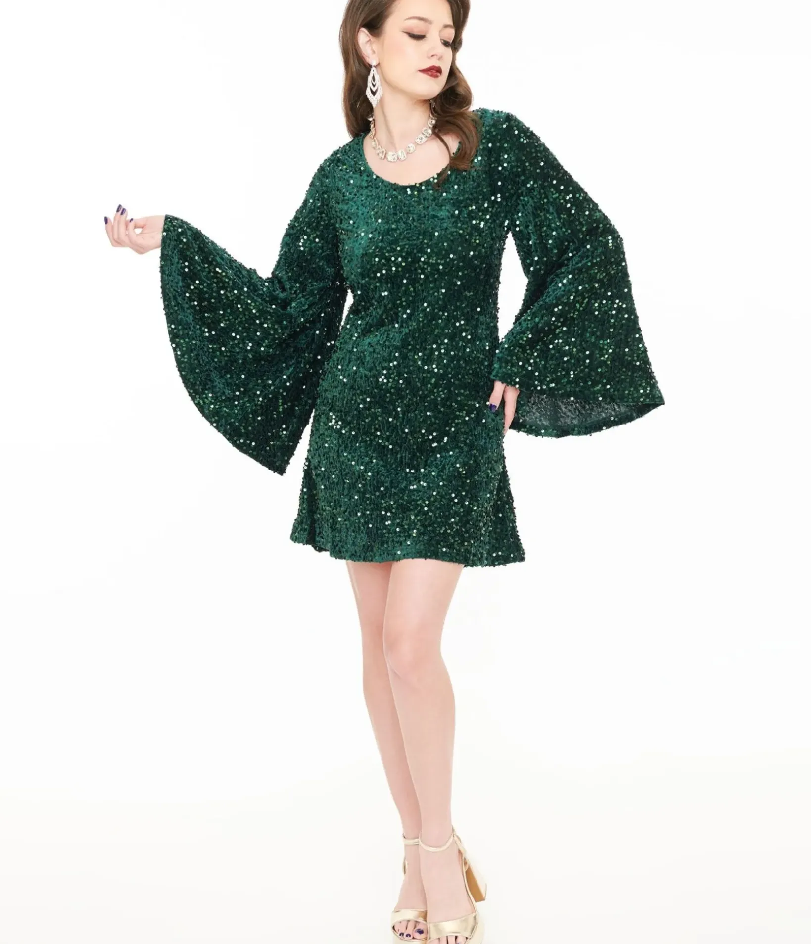 Unique Vintage Fit & Flare|Pocket Dresses>Smak Parlour 1960s Green Sequin Downtown Scene Mini Dress
