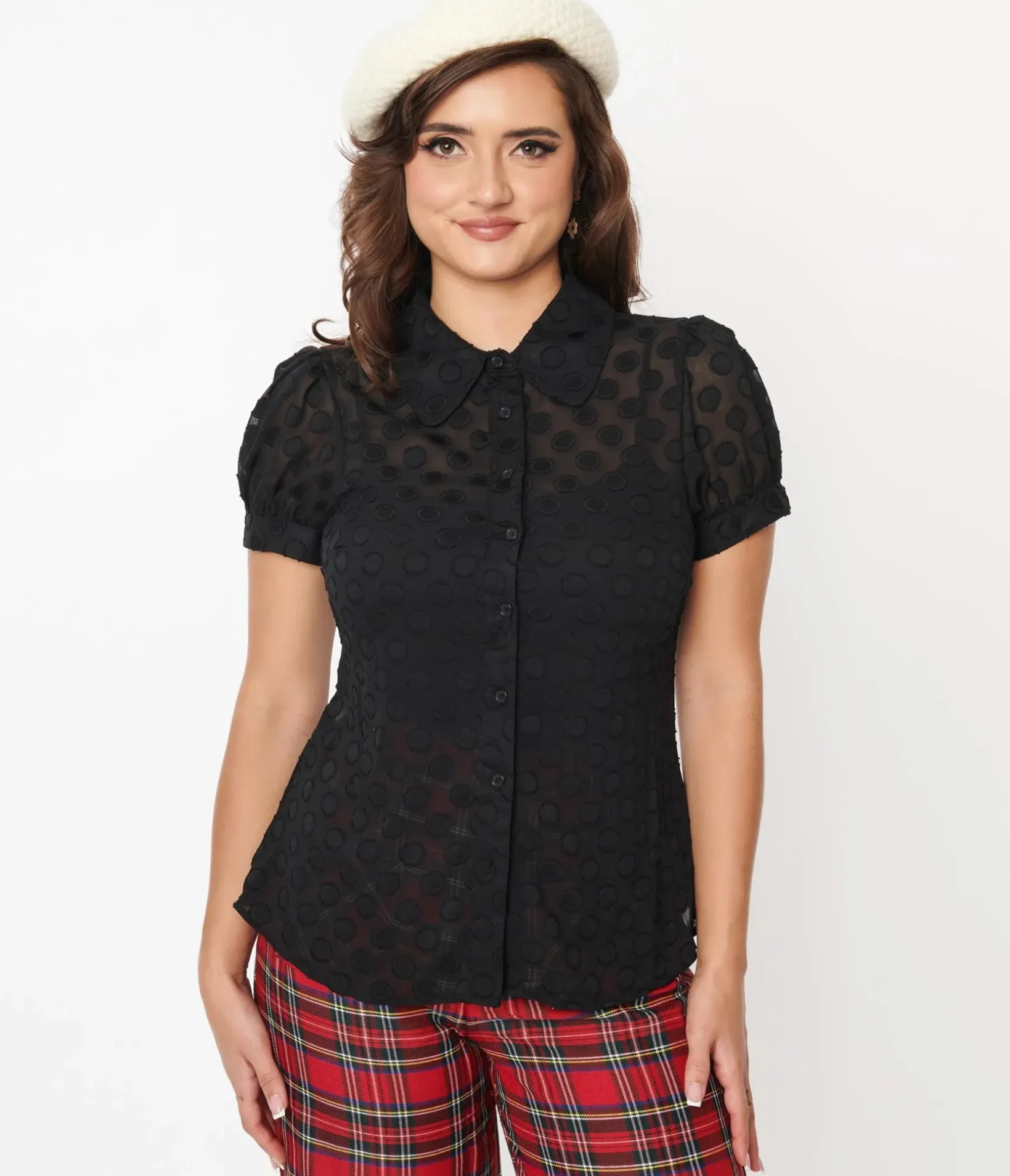 Unique Vintage Blouses|Blouses>Smak Parlour Sheer Black Dot Puff Sleeve Blouse