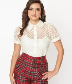Unique Vintage Blouses>Smak Parlour Sheer Metallic Ivory Gingham Puff Sleeve Blouse