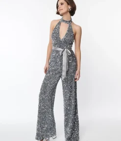 Unique Vintage Rompers & Jumpsuits>Smak Parlour Silver Sequin Glamour Goddess Jumpsuit