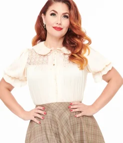 Unique Vintage Blouses|Work Wear>Smak Parlour 1960s Ivory Lace Puff Sleeve Blouse