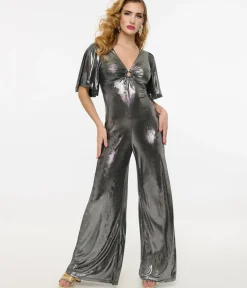Unique Vintage Rompers & Jumpsuits>Smak Parlour 1960s Metallic Silver Cutout Jumpsuit