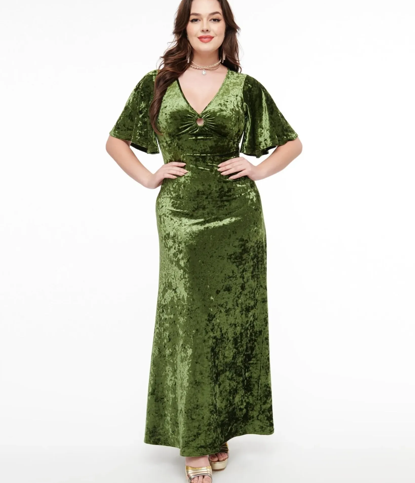 Unique Vintage Maxi|Everyday Dresses>Smak Parlour 1970s Mossy Green Velvet Cutout Maxi Dress