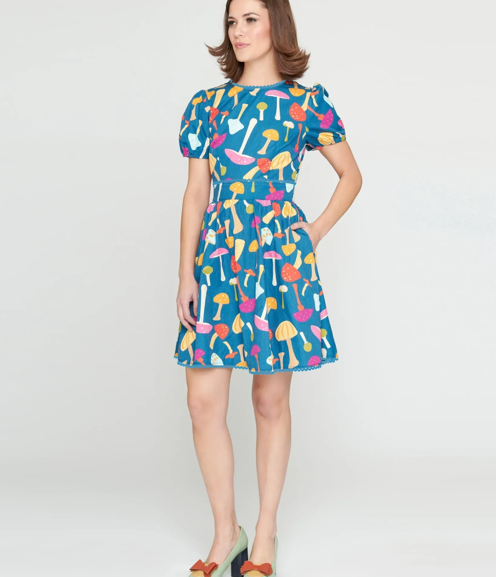 Unique Vintage Fit & Flare|Everyday Dresses>Smak Parlour 1960s Navy & Rainbow Mushroom Open Back Flare Dress