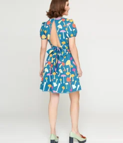 Unique Vintage Fit & Flare|Everyday Dresses>Smak Parlour 1960s Navy & Rainbow Mushroom Open Back Flare Dress