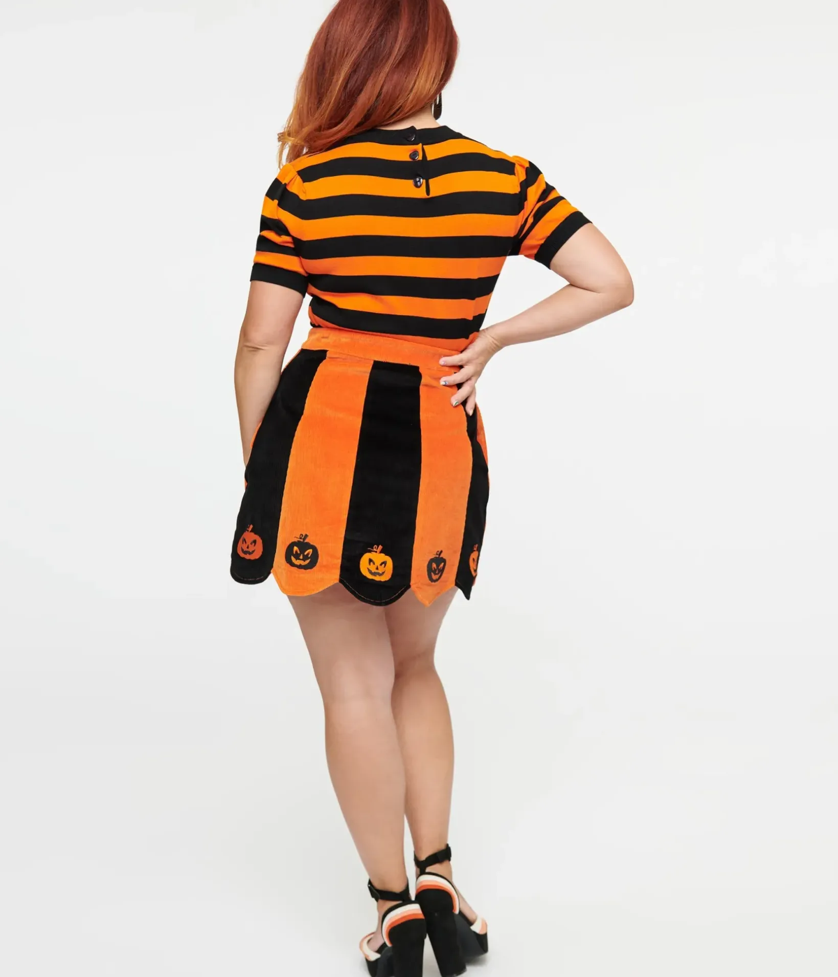 Unique Vintage Skirts|Halloween>Smak Parlour 1960s Orange & Black Pumpkin Corduroy Mini Skirt
