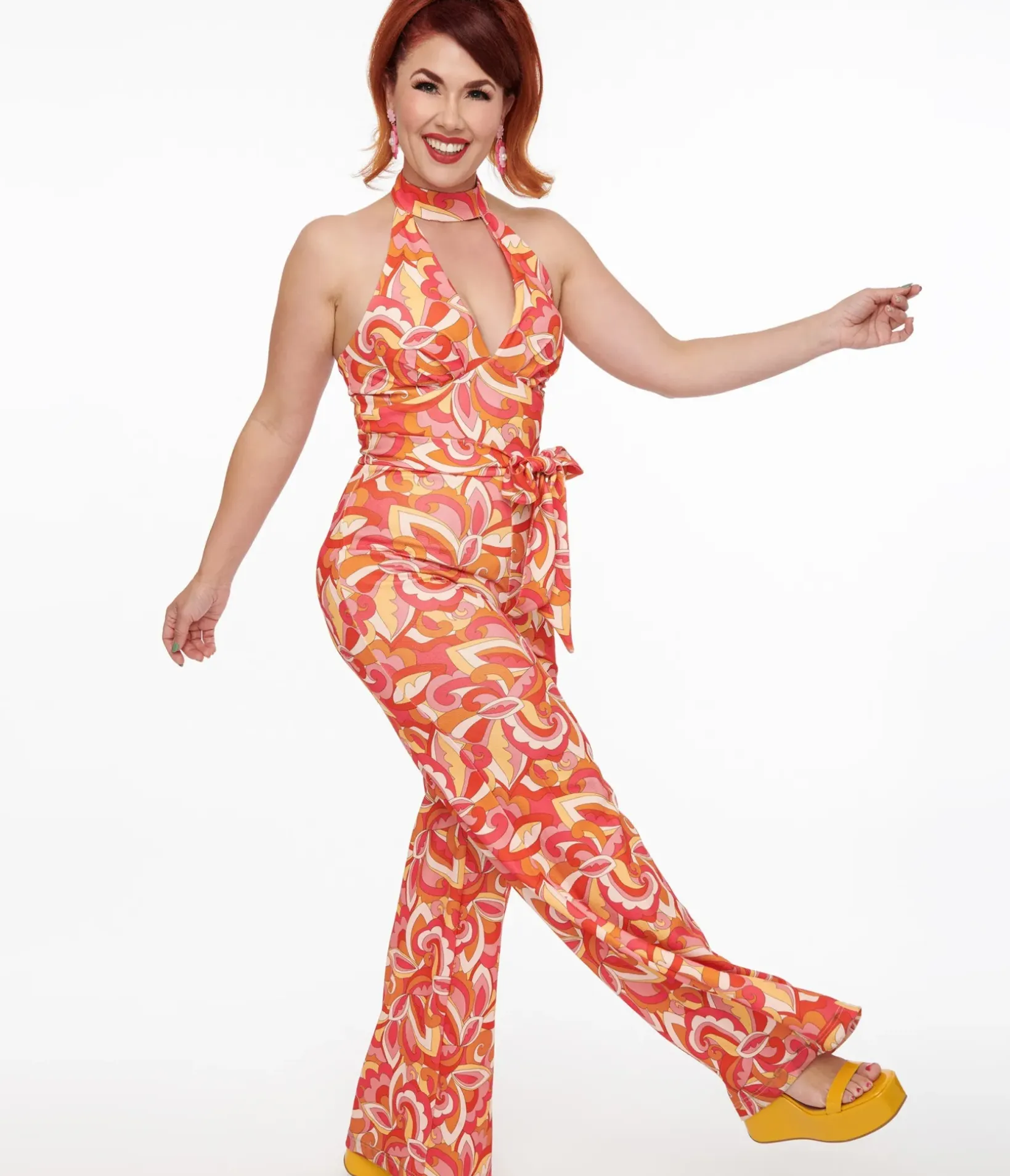 Unique Vintage Rompers & Jumpsuits>Smak Parlour 1960s Orange Psychedelic Paisley Glamour Goddess Jumpsuit