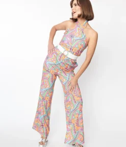 Unique Vintage Rompers & Jumpsuits|Rompers & Jumpsuits>Smak Parlour 1970s Orange Wavy Daisy Psychedelic Draped Darling Jumpsuit