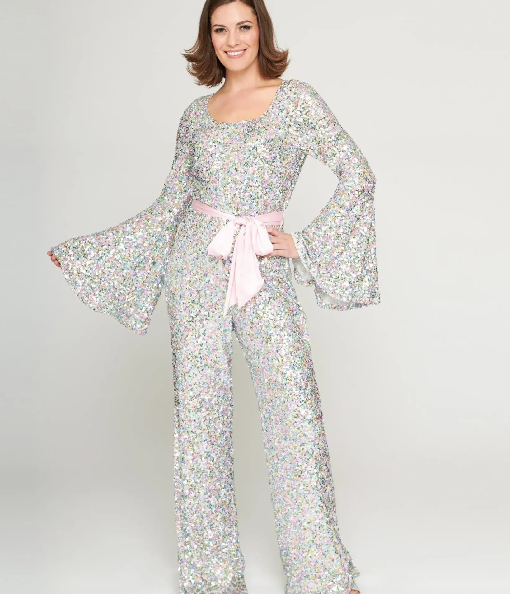 Unique Vintage Rompers & Jumpsuits>Smak Parlour 1960s Pastel Rainbow Sequin Bell Sleeve Jumpsuit