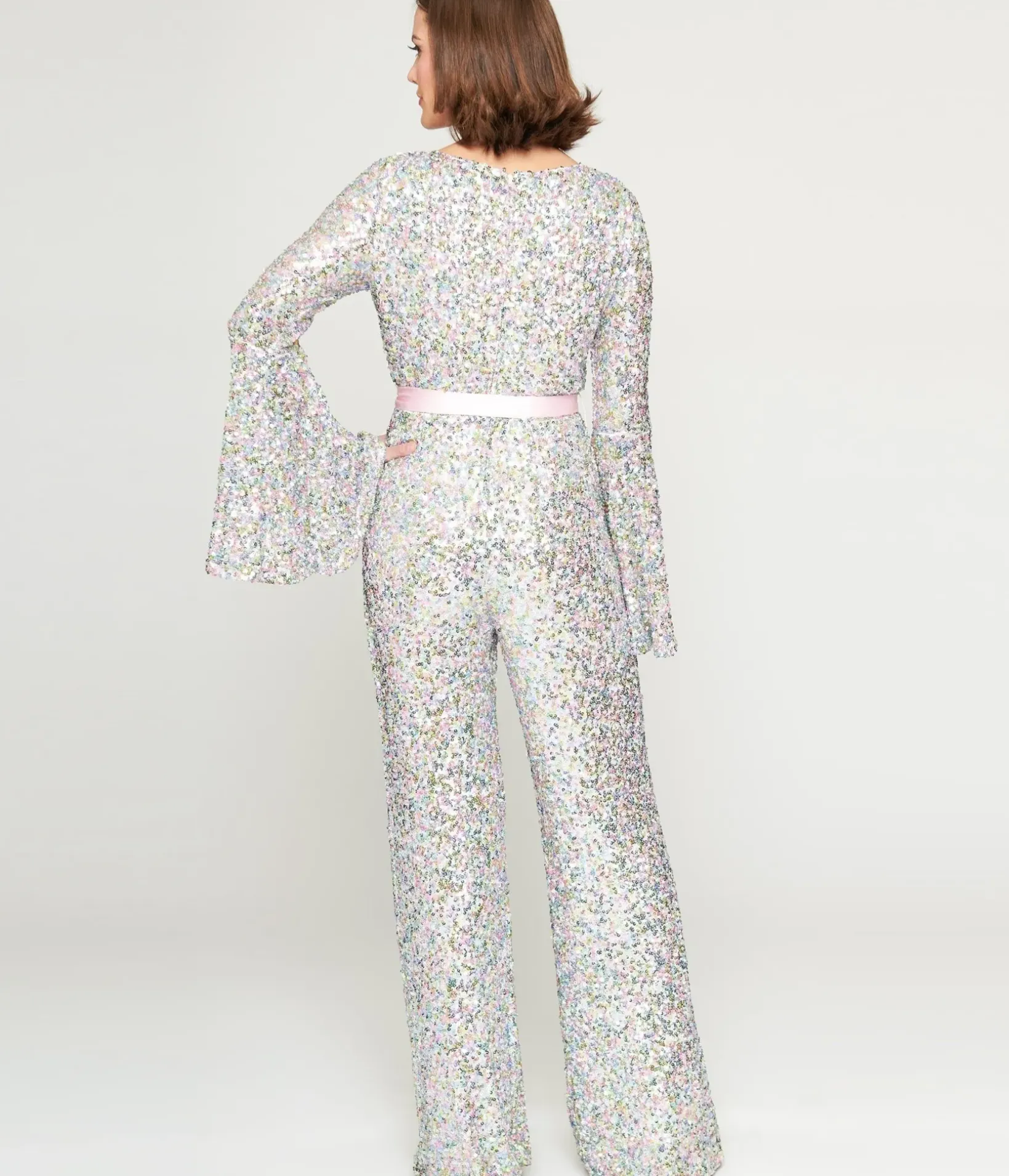 Unique Vintage Rompers & Jumpsuits>Smak Parlour 1960s Pastel Rainbow Sequin Bell Sleeve Jumpsuit