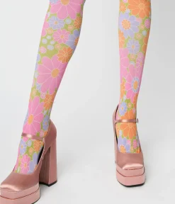 Unique Vintage All Things Pink|Stockings & Tights>Smak Parlour 1960s Pink & Green Flower Power Tights