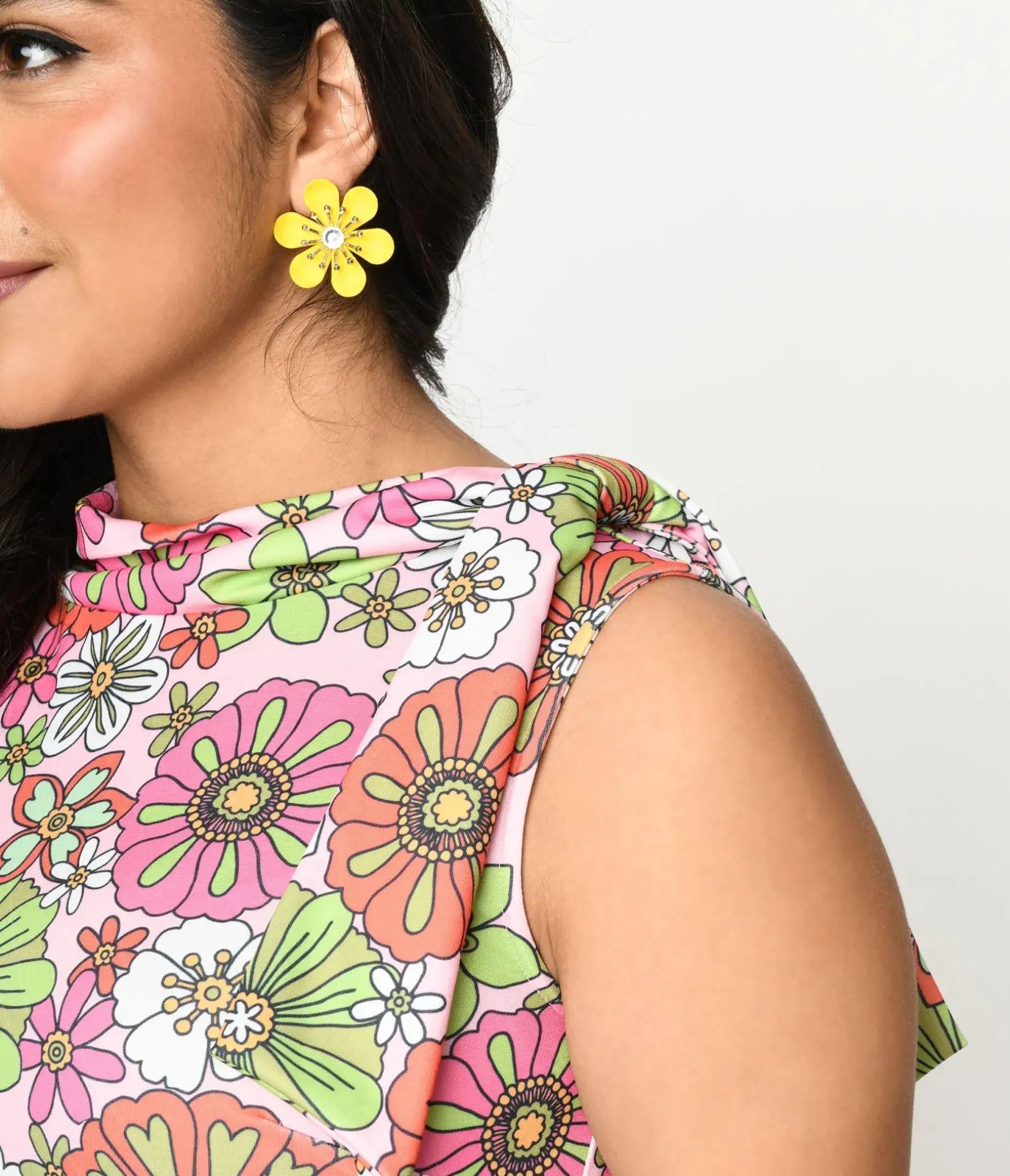 Unique Vintage Fit & Flare|Everyday Dresses>Smak Parlour 1960s Pink Retro Bloom Mock Turtleneck Fit & Flare Dress