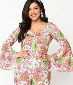 Unique Vintage All Things Pink>Smak Parlour 1960s Pink Retro Bloom Trumpet Sleeve Top