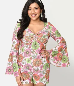 Unique Vintage All Things Pink>Smak Parlour 1960s Pink Retro Bloom Trumpet Sleeve Top