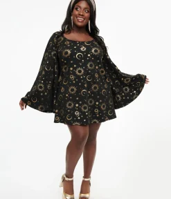Unique Vintage Pocket Dresses|Everyday Dresses>Smak Parlour 1960s Plus Size Black & Gold Celestial Print Mini Dress