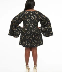 Unique Vintage Pocket Dresses|Everyday Dresses>Smak Parlour 1960s Plus Size Black & Gold Celestial Print Mini Dress