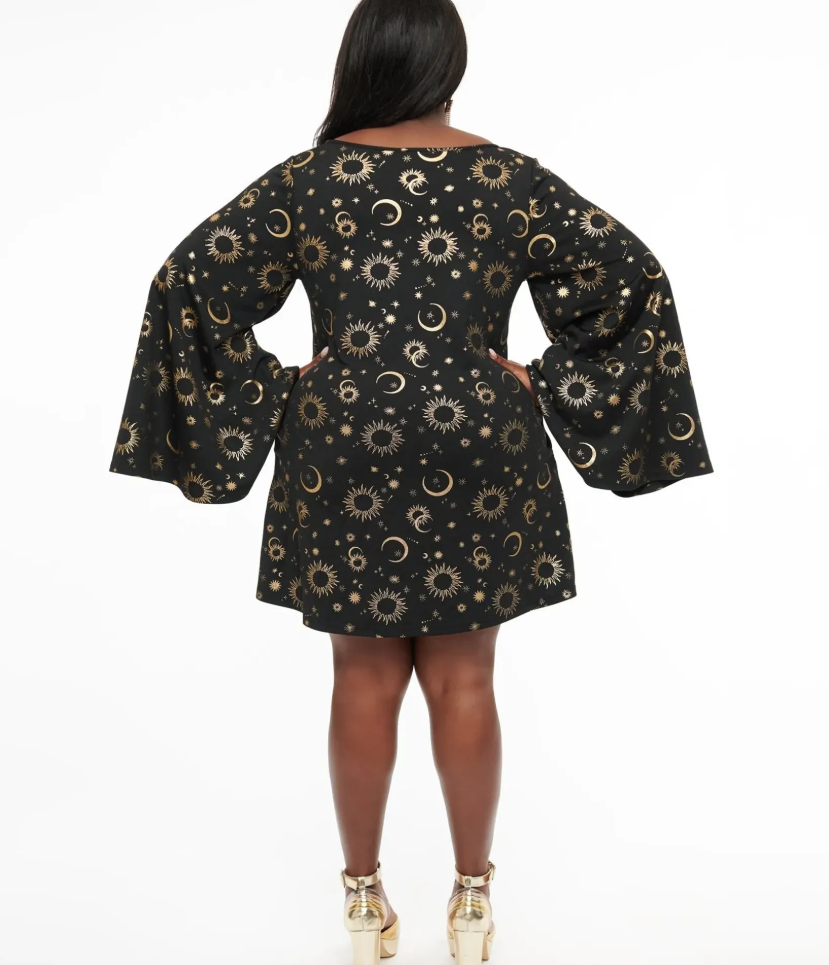 Unique Vintage Pocket Dresses|Everyday Dresses>Smak Parlour 1960s Plus Size Black & Gold Celestial Print Mini Dress