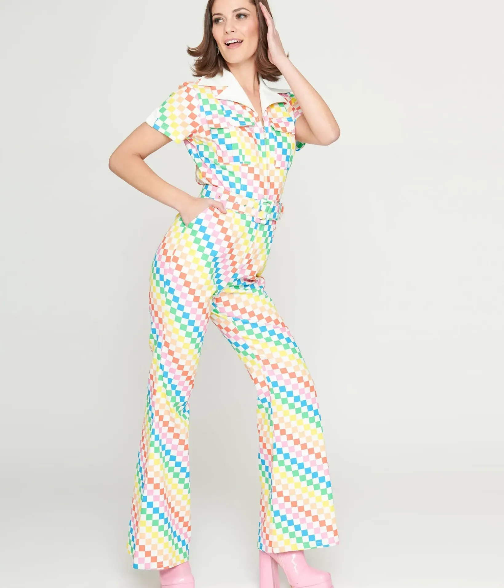 Unique Vintage Pride>Smak Parlour 1970s Rainbow Check Flare Jumpsuit