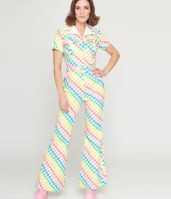 Unique Vintage Pride>Smak Parlour 1970s Rainbow Check Flare Jumpsuit