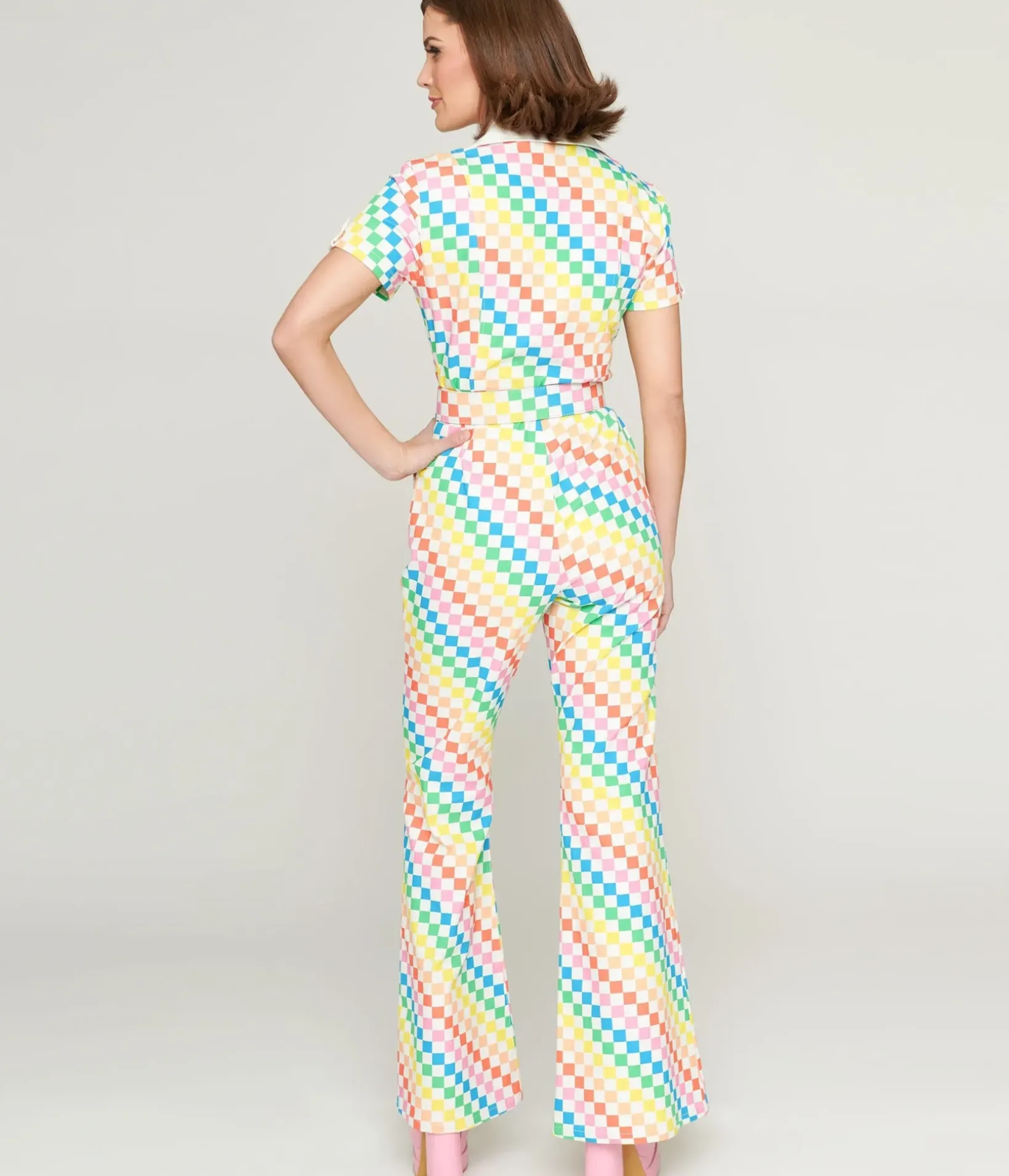 Unique Vintage Pride>Smak Parlour 1970s Rainbow Check Flare Jumpsuit