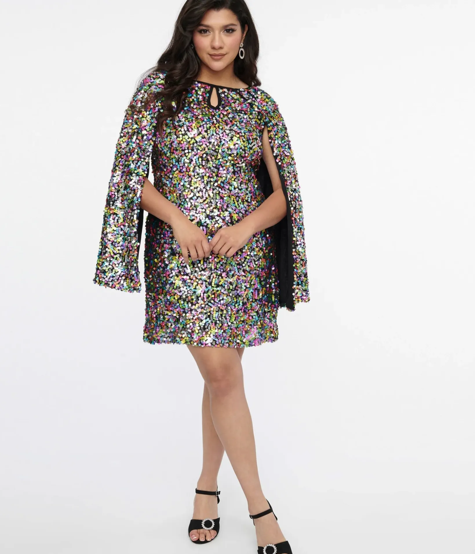 Unique Vintage Everyday Dresses>Smak Parlour 1960s Rainbow Sequin Cape Sleeve Shift Dress