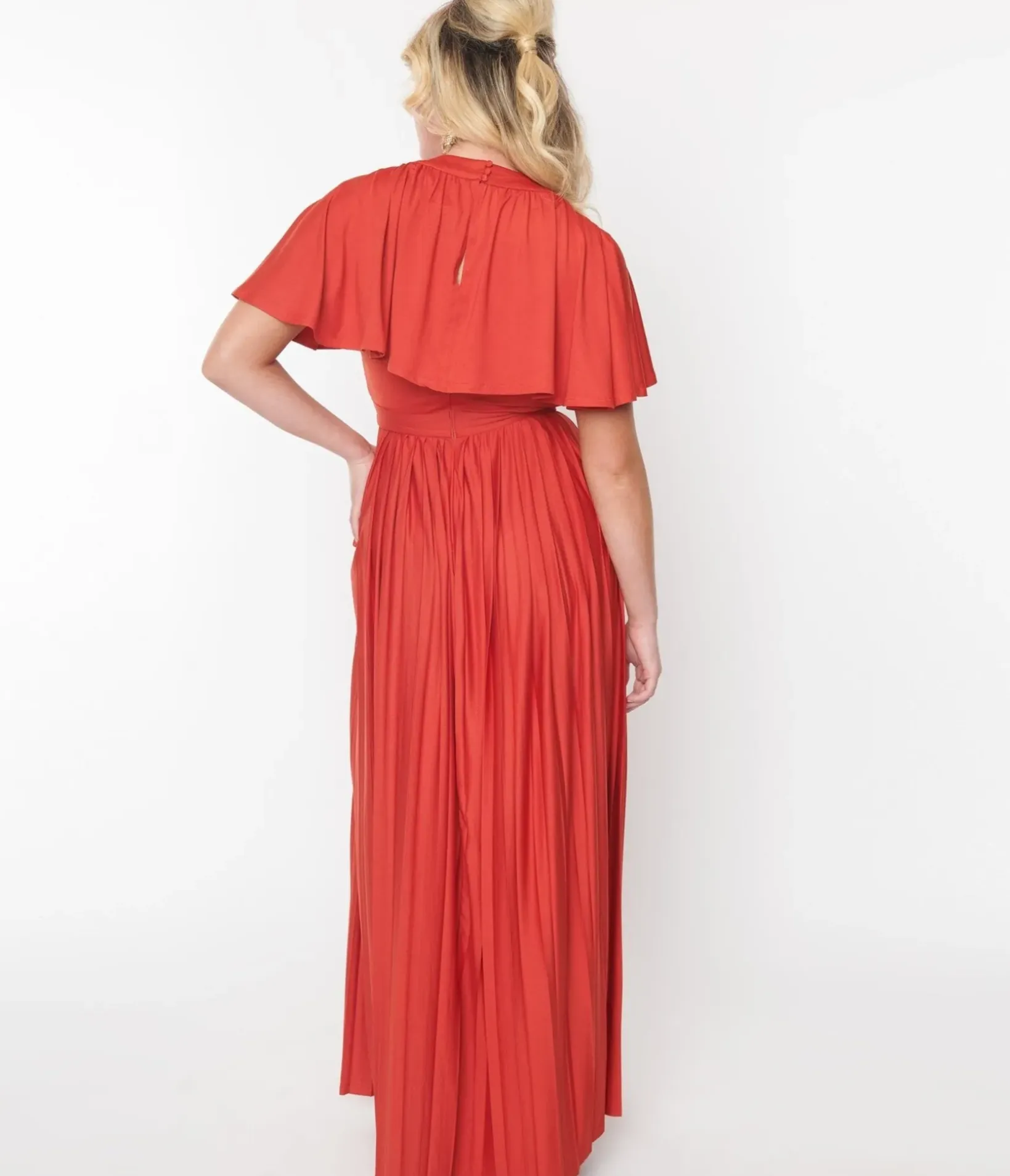 Unique Vintage Maxi|All Things Red>Smak Parlour 1970s Rust Red Pleated Cape Maxi Dress