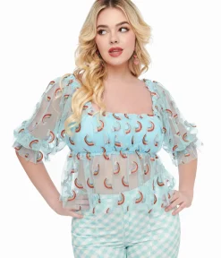 Unique Vintage Blouses|Pride>Smak Parlour 1960s Sky Blue & Glitter Rainbow Mesh Ruffle Babydoll Top