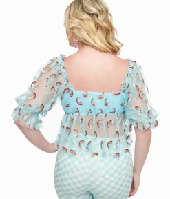 Unique Vintage Blouses|Pride>Smak Parlour 1960s Sky Blue & Glitter Rainbow Mesh Ruffle Babydoll Top