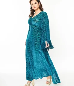 Unique Vintage Maxi|Everyday Dresses>Smak Parlour 1970s Teal Floral Fringe Sleeve Maxi Dress