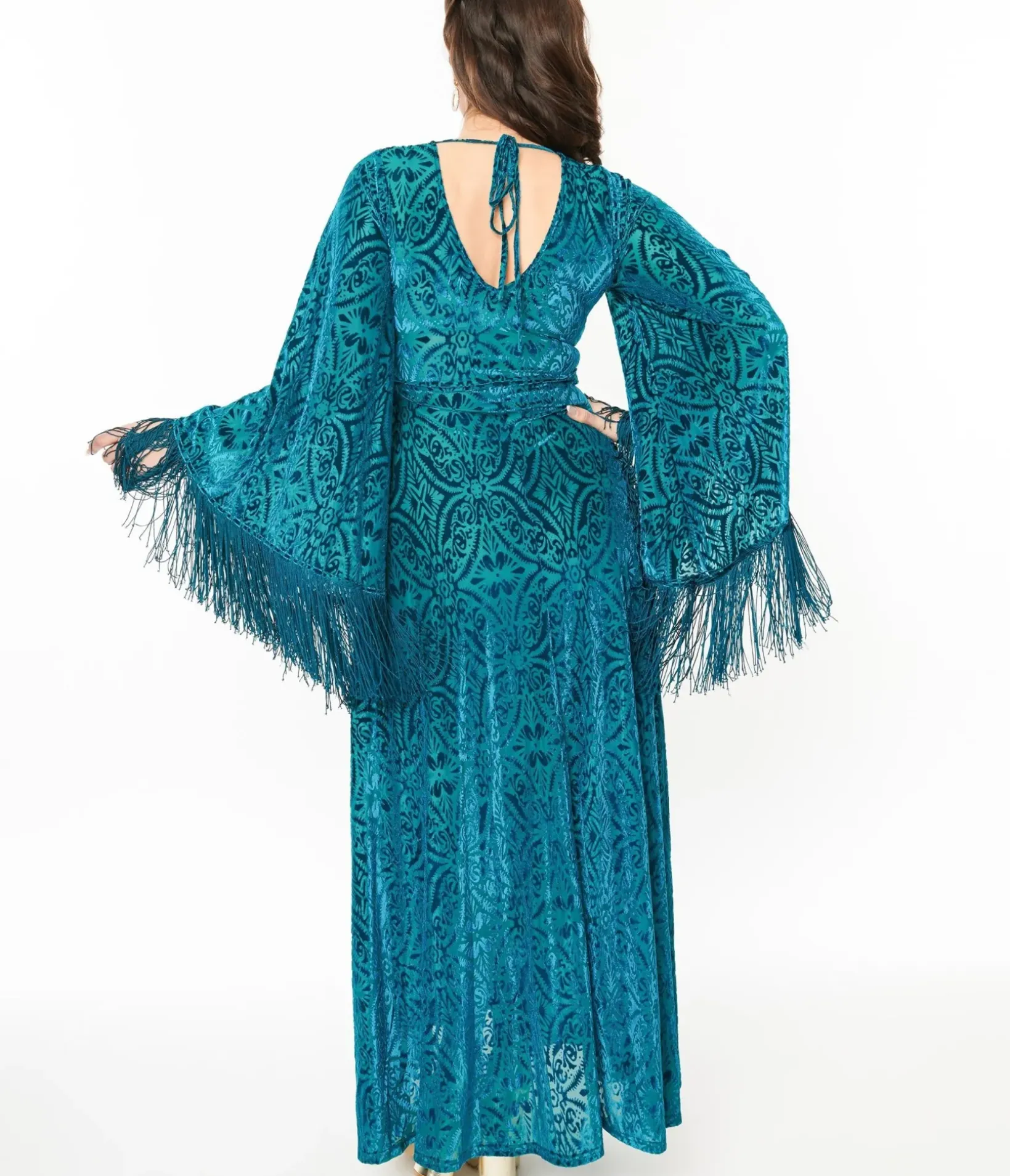 Unique Vintage Maxi|Everyday Dresses>Smak Parlour 1970s Teal Floral Fringe Sleeve Maxi Dress
