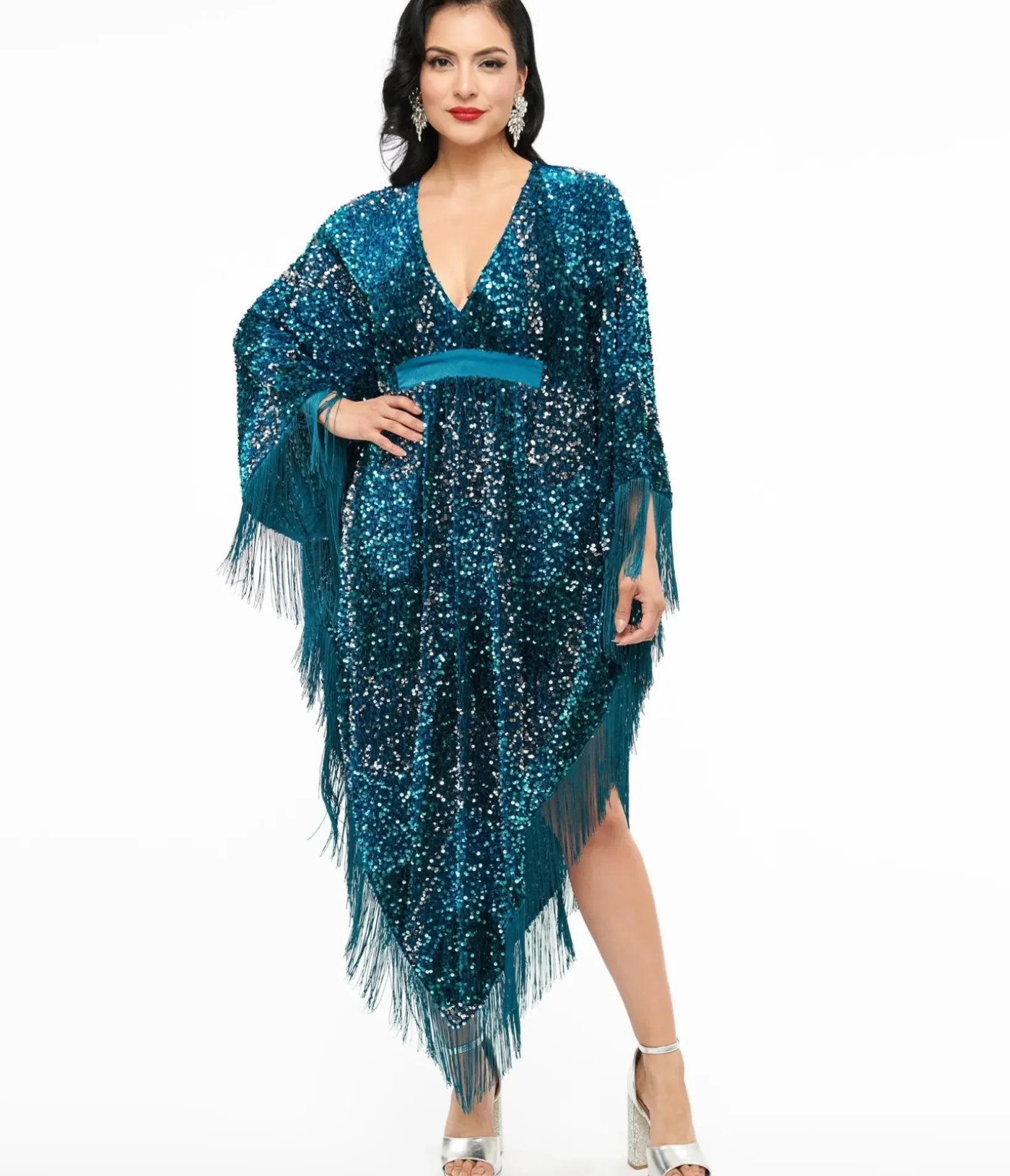 Unique Vintage Maxi|Caftans>Smak Parlour 1970s Teal Sequin Fringe Caftan Dress