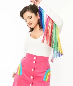 Unique Vintage Pride>Smak Parlour 1970s White & Rainbow Fringe Sleeved Bodysuit
