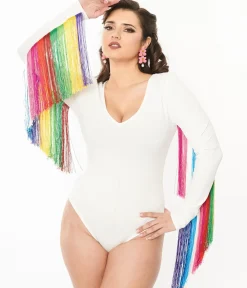 Unique Vintage Pride>Smak Parlour 1970s White & Rainbow Fringe Sleeved Bodysuit