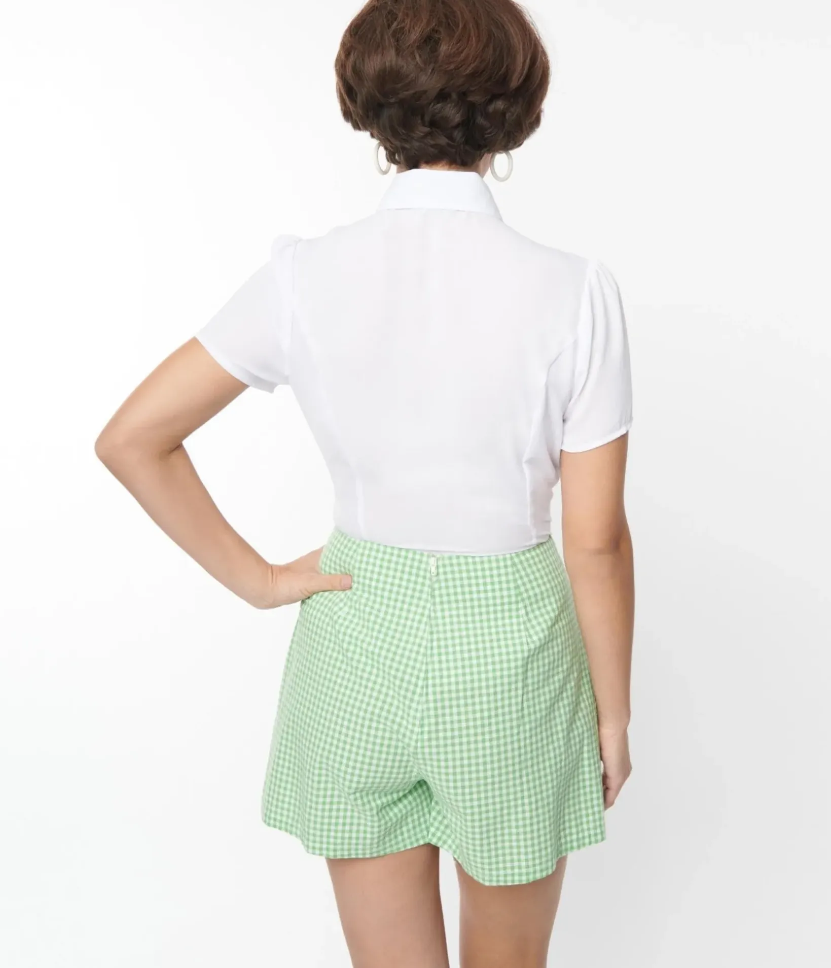 Unique Vintage Work Wear>Smak Parlour White & Green Gingham Chiffon Power Play Blouse