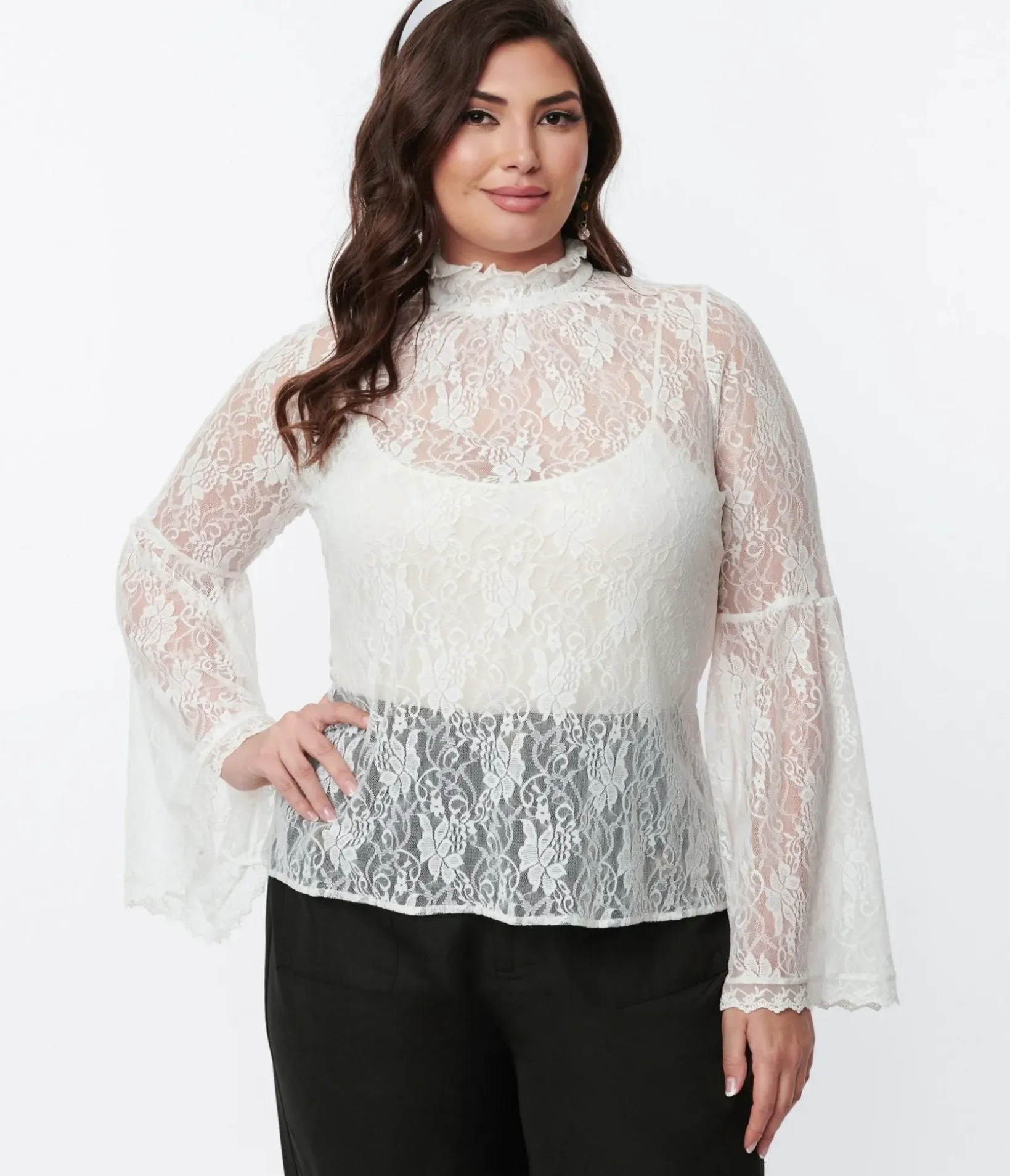 Unique Vintage Work Wear>Smak Parlour White Lace Bell Sleeve Blouse