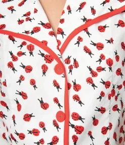 Unique Vintage Blouses>Smak Parlour White & Ladybug Print Wide Lapel Collar Blouse
