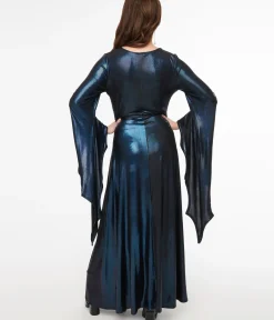 Unique Vintage Maxi|Everyday Dresses>Smak Parlour Y2K Iridescent Dark Blue Bat Wing Sleeve Maxi Dress