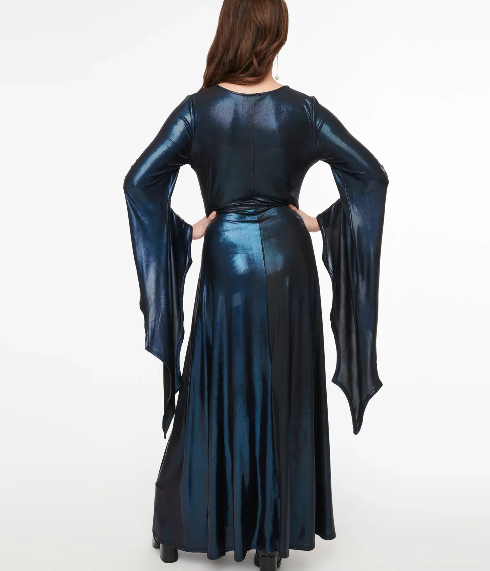 Unique Vintage Maxi|Everyday Dresses>Smak Parlour Y2K Iridescent Dark Blue Bat Wing Sleeve Maxi Dress