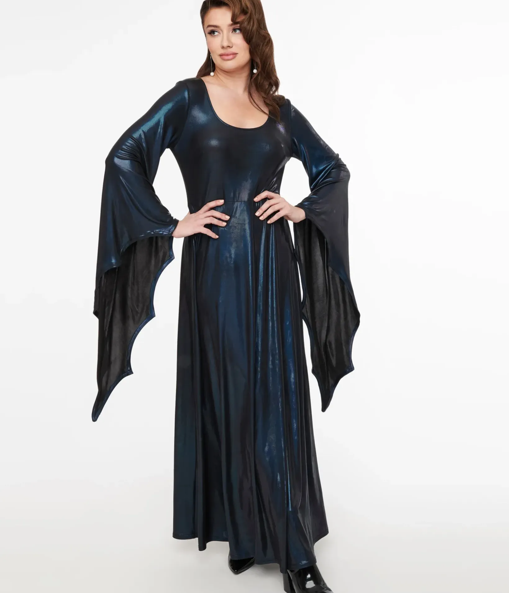 Unique Vintage Maxi|Everyday Dresses>Smak Parlour Y2K Iridescent Dark Blue Bat Wing Sleeve Maxi Dress